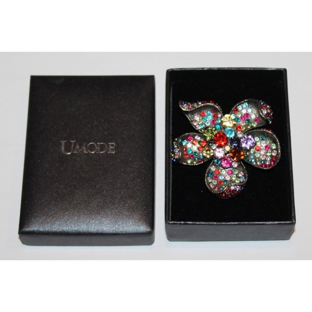 colorful UMODE rhinestone flower brooch pin (no fasterner) silver tone with box